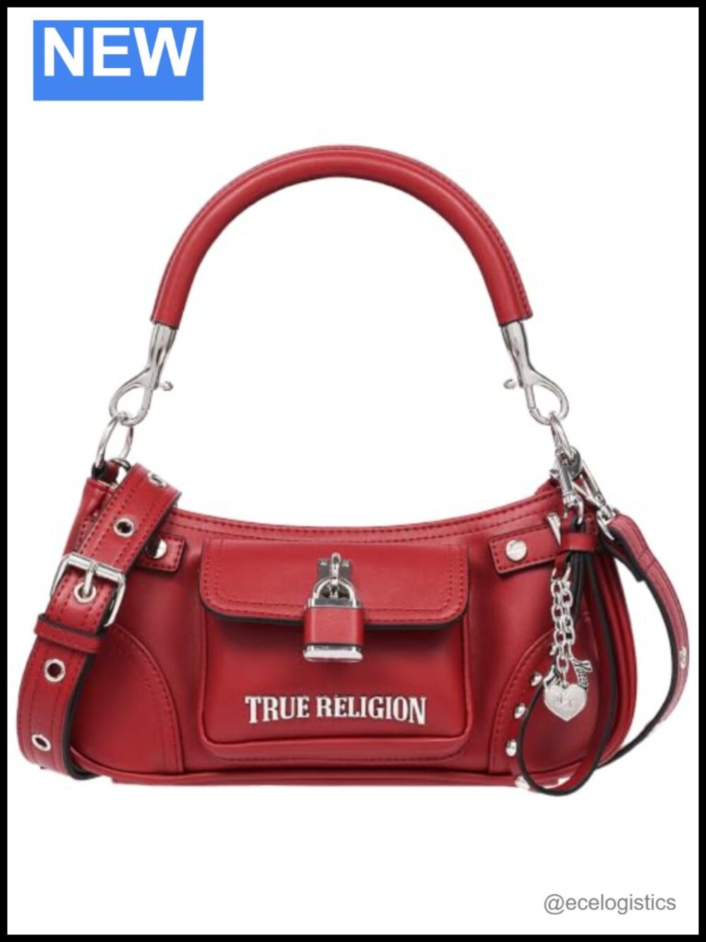Faux Leather Moto Shoulder Bag with Lock Detail, Adjustable Crossbody Strap